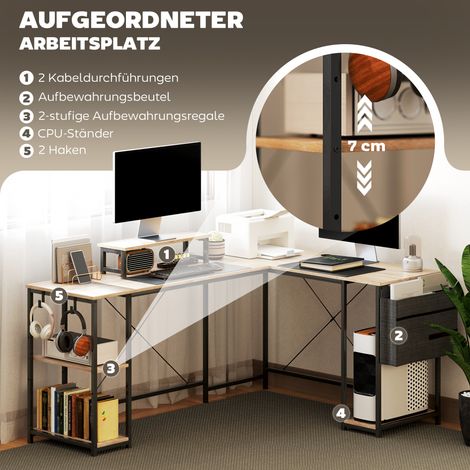 Bureau d'angle en L, poste de travail modulable avec étagères ajustables, pochette de rangement et support d'écran, finition bois naturel. (1/4)