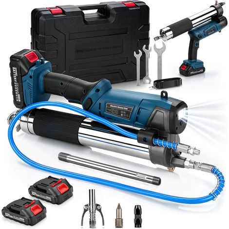 12000PSI 160g/min Pistolet à Graisse Électrique Sans Balais Sans fil avec Éclairage LED 3 Buses Multifonctions Tuyau 100cm 2x Batteries Compatible Makita 21V pour l'Entretien Engins Agricoles Véhicule