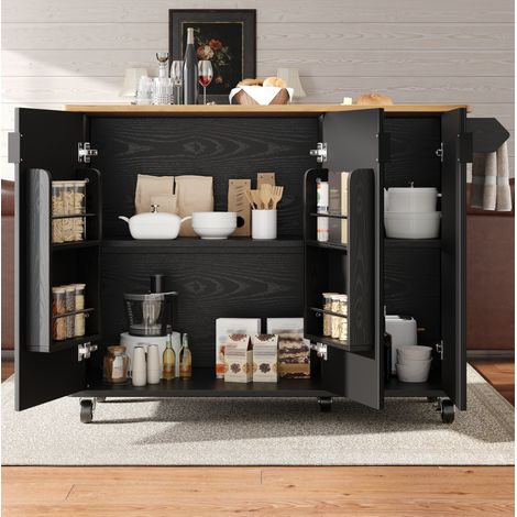 Îlot de cuisine 130x45/75x92 cm noir avec plateau rabattable, roulettes, 3 portes et étagères réglables (1/5)
