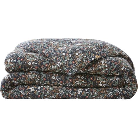 Housse de couette gaze de coton imprimé floral 240x220 bleu marine