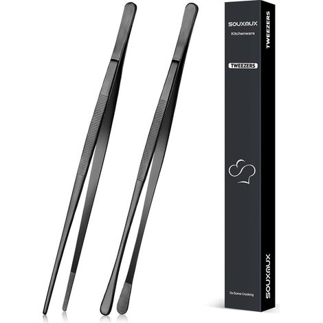 Lot de 2 Pinces Cuisine Acier Inoxydable 25,5cm Pointes Dentelées Barbecue Placage Noir (1/5)