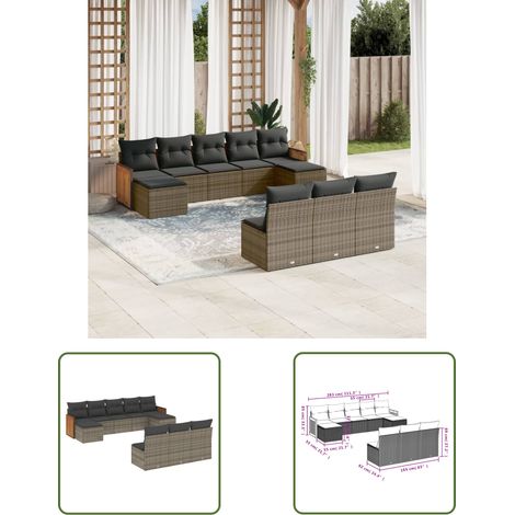 The Living Store 10-tlg. Garten-Sofagarnitur mit Kissen Grau Poly Rattan - Gartensorte - Gartenmöbelset - Lounge Möbel - Outdoor Furniture - Rattan Gartenmöbel