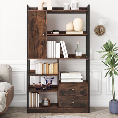 Vitrine 100x30x173,5 cm – Holzvitrine – Wohnzimmervitrine – mit 6 Einlegeböden – 2 Schubladen – Industrievitrine – Sammlervitrine – Standregal – Braun