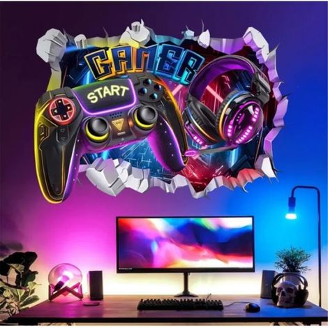 Stickers Muraux Enfant Gamer,3D Autocollant Mural Gaming,Contrôleur Décoration Murale Salle de Jeux Chambre Ado Garçon (1/5)