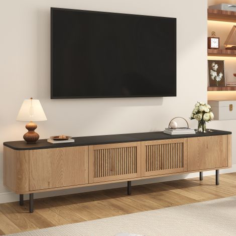 Modernluxe - Meuble TV moderne 190x35x45 cm - 4 portes persiennes - angles arrondis - pieds en fer - MDF - naturel (1/5)