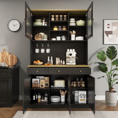 Credenza Alta da Cucina con Vetrina, 1 Cassetto, Portabicchieri, 2 Prese e USB-A USB-C, in MDF, Nero, 120 x 40 x 191 cm (1/5)