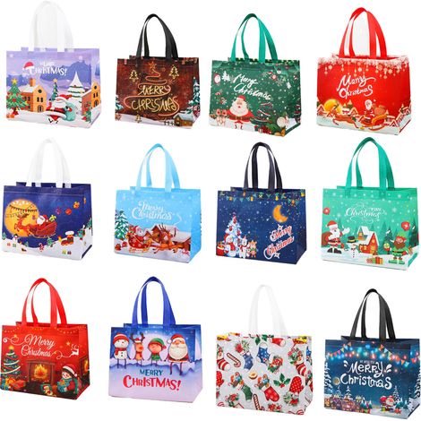 Set mit 12 großen, wiederverwendbaren Weihnachtsgeschenktüten mit Henkeln aus Vliesstoff zum Verpacken von Weihnachtsgeschenken. (1/5)