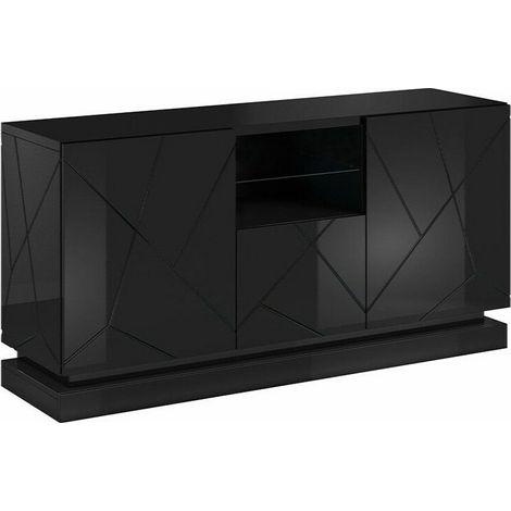 Aparador Linar, Negro + Negro brillante, 75x150cm, Número de puertas: 342cm, MDF, LED