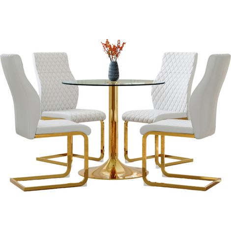 Table et chaises de salle à manger rondes en verre trempé 85 cm, 4 chaises en cuir régénéré blanc et métal doré, style chic et lumineux pour petit espace CHICFURN (1/5)