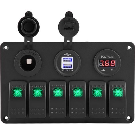 Panneau de commande à bascule LED 12V/24V à 6 positions pour automobile/marine avec double voltmètre USB et allume-cigare, vert. (1/5)