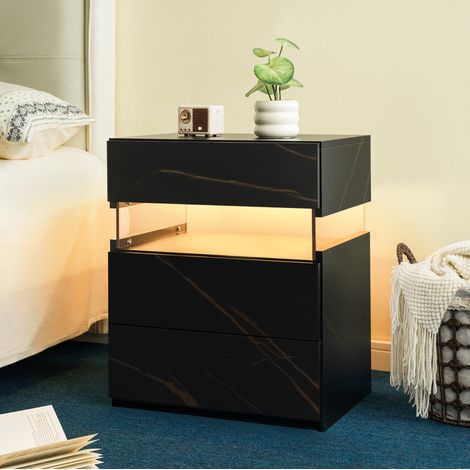 LED Nightstands 3 Drawer Dresser for Bedroom End Table with Acrylic Board LED Bedside Tables for Bedroom Living Room Bedside Furniture (Black+Glod) (1/4)