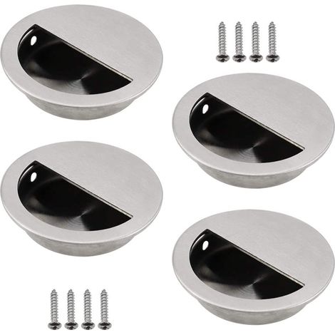 4er-Set Einbaugriffe aus silbernem Edelstahl. Runder Schiebetürgriff Ø 50 mm mit einem 40 x 20 mm großen halbrunden Loch. Leicht zu ziehen – für Schiebetüren oder andere Möbel. (1/5)