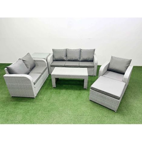 Fimous Patio PE Wicker 7 Seater Outdoor Rattan Furniture Sofa Sets with Oblong Coffee Table Reclining Chair Loveseat Sofa 3 Seater Sofa Big Footstool Side Table Light Grey (1/4)