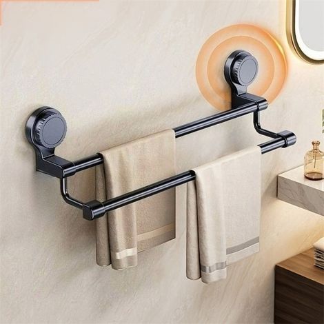 Toallero de pared de doble varilla, 40 cm, aluminio, con ventosa, para baño. (1/5)