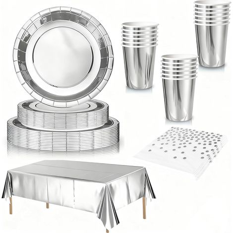 65 Pièces Party Vaisselle Kit pour 16 Invités, Vaisselles Jetables Argenté avec Assiettes Gobelets Serviettes en Papier Plastique Nappe pour Anniversaire de Fille, Noël,Mariages,Barbecues,Pique-niques (1/5)
