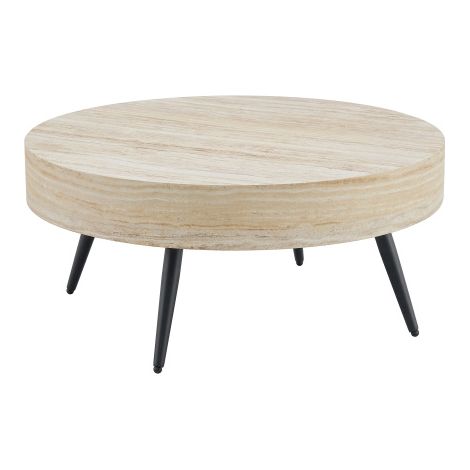 Table basse ronde 70cm travertin MDF pieds métalliques noirs (1/5)