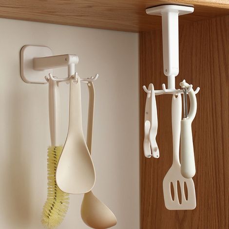 Rack À Crochets Pivotant - 6 Crochets - Fixation Par Ventouse - Sans Perçage - Pour Cuisine - Blanc - 15,8 x 6,9 x 5 cm (1/5)