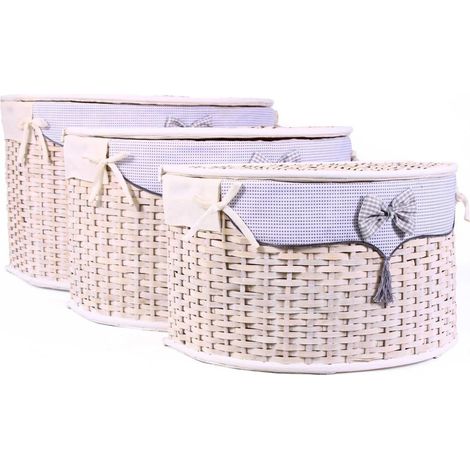 Bauli semirotondi in bambù bianco con fodera e fiocco, set da 3, 68x42x43 cm (1/5)