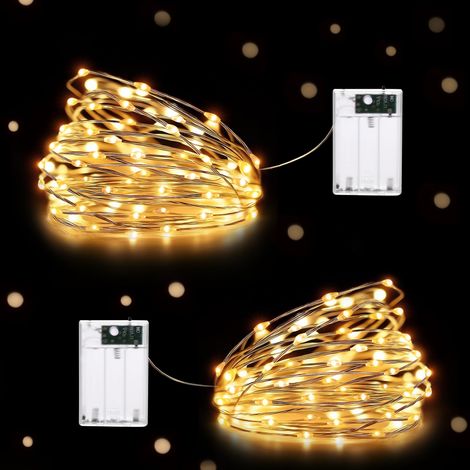 Guirlande lumineuse avec 5m 50 LED et des piles en fil de cuivre, 2 modes pour l'éclairage intérieur et extérieur, jardin, mariage, fête, Noël, décoration lumineuse (blanc chaud, 2 pièce) [Classe éner (1/5)