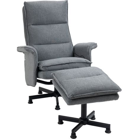 Swivel Recliner Chair and Footstool, Upholstered Massage Recliner Armchair with Remote Control, Timer and Steel Base, Grey