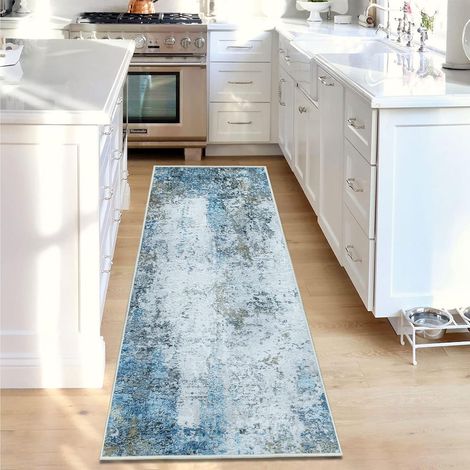 Tapis de Couloir 60x180cm, Tapis Cuisine Devant Evier Bleu Antidérapant Lavable pour Couloir Chambre Buanderie Entrée Salon (1/5)