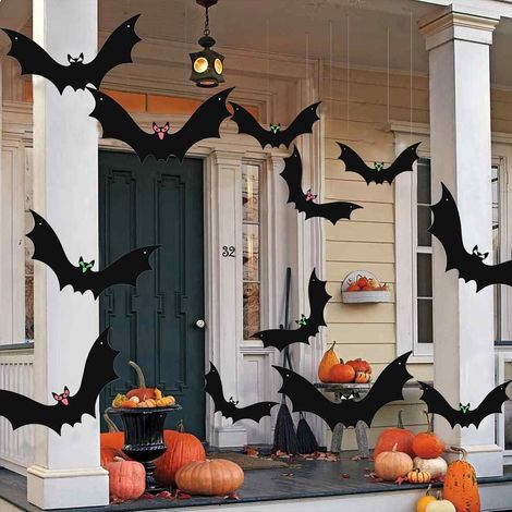 12er-Pack hängende fliegende Fledermäuse mit leuchtenden Augen und Schnurrolle für Halloween-Dekorationen, Garten, Party, Hof, Baum (3 Größen, S, M, L) (1/5)