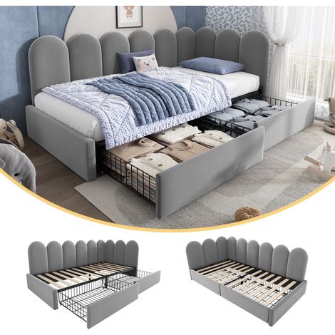 3FT Single Storage Daybed with Metal Slatted Bed Frame, 90x190cm Velvet Sofa Bed for Guest Rooms/Small Apartments(Mattress Not Included), Bed with Drawer  Storage, Grey