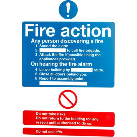 Panneau de sécurité incendie, Fire Action Instructions, texte en Anglais, Bleu/Rouge/Blanc, Plastique ( Prix pour 1 )
