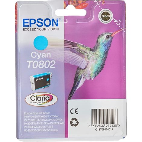 Cartucho Epson T0802 Cyan STYLUS PHOTO R265/R285/R360/RX560/RX585/RX685/PW700W/PX800FW (1/2)