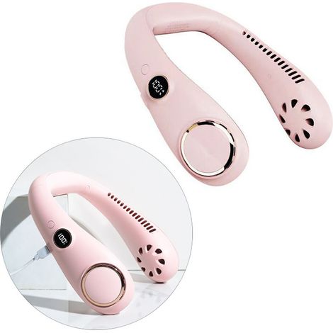 Ventilateur de cou sans pales, rechargeable par USB, batterie 2000 mAh, portable et mains libres, idéal pour le camping, le bureau et les activités de plein air. Couleur rose sakura. (1/5)