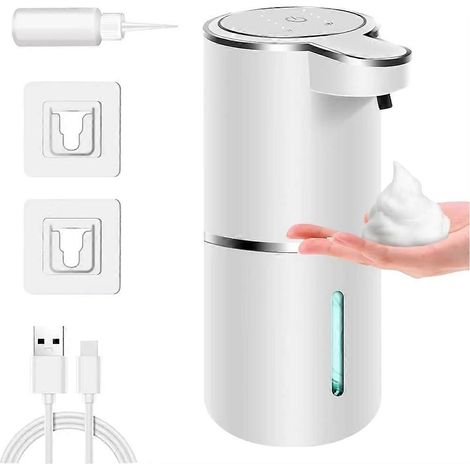 Distributeur automatique de savon mousse pour salle de bain, lave-mains intelligent avec chargement USB, matériau ABS blanc. (1/5)