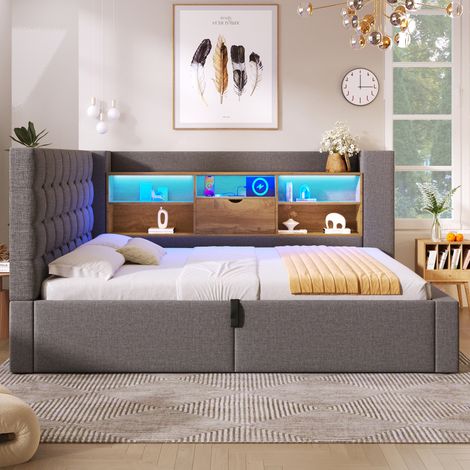REDOM - Letto singolo 90x200 cm con LED, porte USB e vano contenitore idraulico in lino beige (Senza materasso) (1/5)
