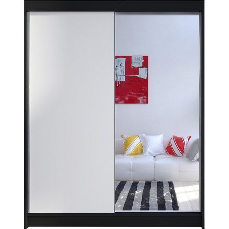 Armario Closico 140, Negro + Blanco, 200x150x58cm, Puertas de armario: Correderas, Número de estantes: 5