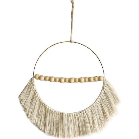 Pendentif mural rond en perles de bois bohèmes et corde de coton tissée avec pompon - (1/5)