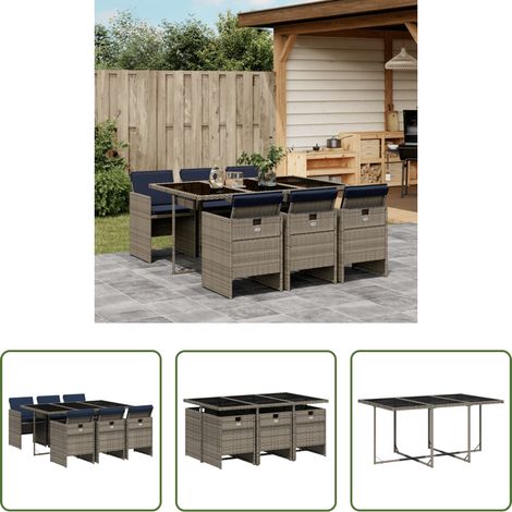 Gartentisch - 7-teiliges Garten-Ess-Set mit Kissen, grau, Polyrattan (1/5)
