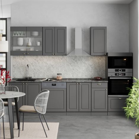 Cuisine Fame-Line, Anthrazit-Gold Landhaus, 300cm avec armoire haute, PT Marbre, Vicco