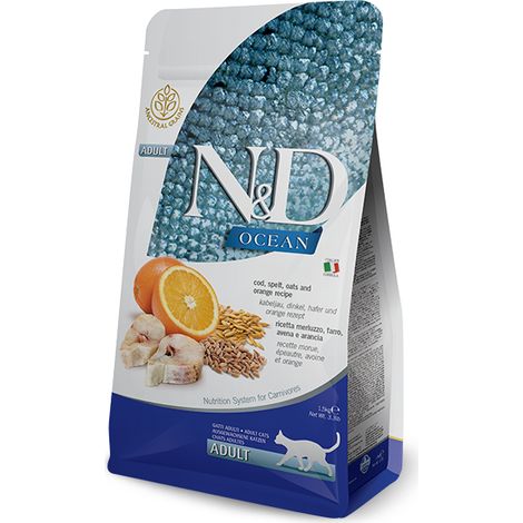 Farmina Cat N&D Ocean Ancestral Grain Adult Merluzzo, Farro, Avena e Arancia - Farmina Cat N&D Ocean Ancestral Grain Adult Merluzzo, Farro, Avena e Arancia - Sacco Da 1,5 Kg