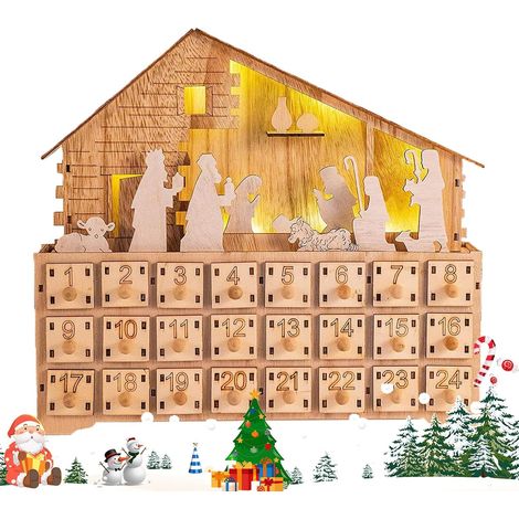 Scène de crèche en bois - 24 jours - Décoration de Noël - Calendrier de l'Avent avec éclairage LED et tiroir - Pour l'intérieur, la maison, le bureau, les, les adultes, les chrétiens (1/5)