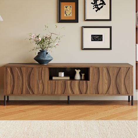 Meuble TV 160x35x46 cm naturel en MDF avec portes ondulées et rangement (1/5)