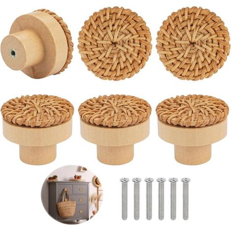Set di maniglie per mobili in rattan (6 pezzi), maniglie per porte in legno, design vintage, con accessori per l'installazione. (1/4)
