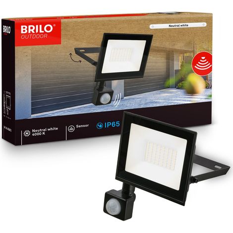 Briloner Faretto LED da esterno con sensore di movimento 14x19 cm rettangolare 30W 2700lm 4000K bianco neutro IP65 nero - Faro per giardino garage vialetto