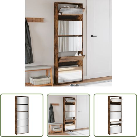 Schuhregal - Schuhschrank mit Spiegel 5 Fächer Räuchereiche 63x17x169,5 cm (1/5)