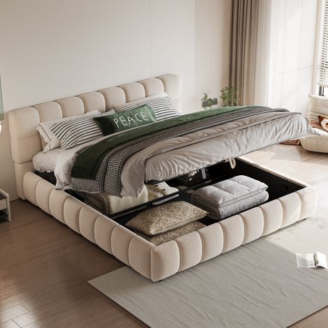 Lit double rembourré moderne 140x190 cm en velours beige avec tête de lit moelleuse et coffre hydraulique (1/5)