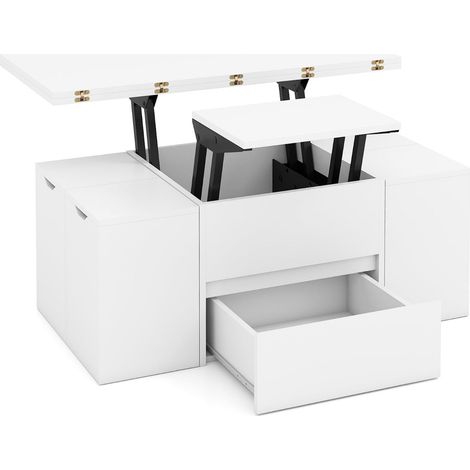 Tavolino da caffè sollevabile 100 x 50 x 44 cm con spazio sotto il piano e 4 sgabelli di design per soggiorno in legno ingegnerizzato bianco 200020600