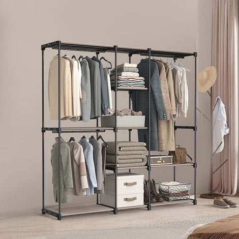 Armoire Ouverte, Portant à Vêtements, Penderie avec Tringles à Vêtements et Étagères en Tissu pour Chambre, 182 x 43 x 182 cm, Taupe (1/4)
