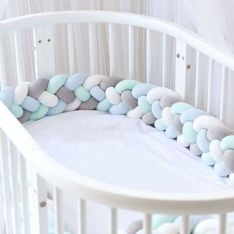 4-teiliges gewebtes Babybett-Nestchen, Kissen mit geflochtenem Schlangenmuster, Samt-Bettumrandung, Schutz für Neugeborene, Schlafzimmerdekoration, Grau + Weiß + Grün + Blau, 1,5 m (1/5)