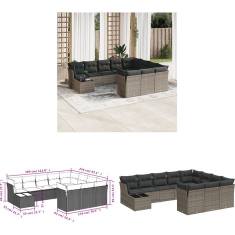 11-tlg. Garten-Sofagarnitur mit Kissen Grau Poly Rattan - Gartenmöbel Set - PE-Rattan Möbel - Outdoor Sofa - Esstisch - Lounge Garnitur - Home & Living (1/3)