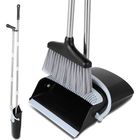 Set Balai et Pelle - Pelle avec Manche Long 138 cm - Plastique et Acier Inoxydable - avec Manche Télescopique en 8 Parties - pour Nettoyage de Maison, Bureau, Terrasse (Noir-Blanc) (1/5)