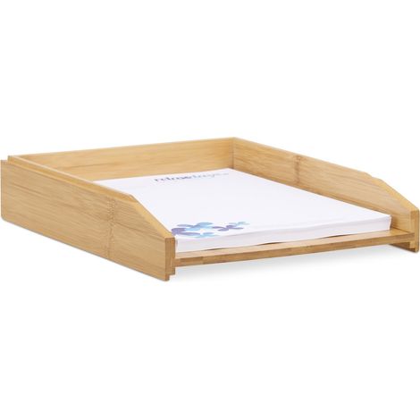 Relaxdays Set of 4 Document Filing Trays, Stackable, DIN A4 Letter Rack, Office, Desk, Bamboo, 6 x 25 x 33 cm, Natural