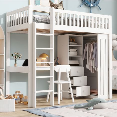 Letto a soppalco 90x200 cm bianco in pino e MDF con scrivania, armadio e 3 cassetti (1/5)